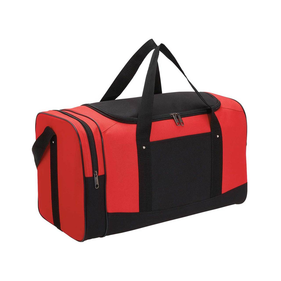 Red and black duffle sports bag with multiple zippered compartments and black carry handles