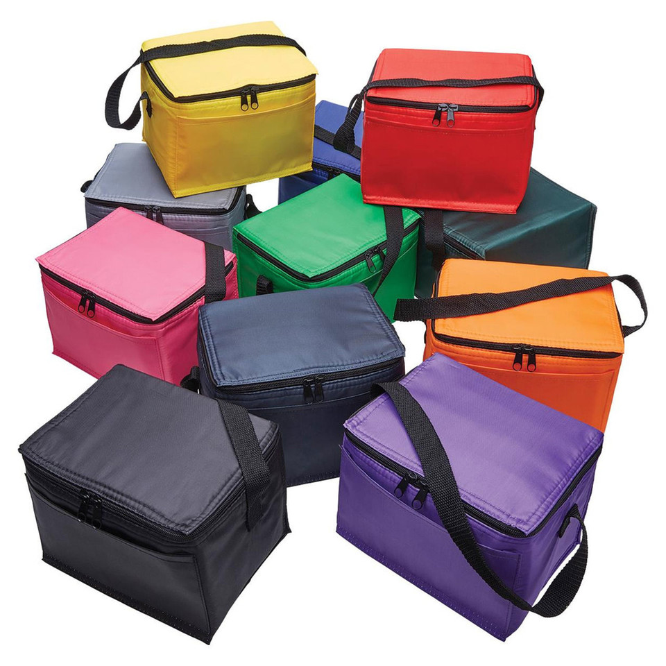 Group of 6-can cooler bags in assorted colours including black, purple, orange, red, yellow, pink, grey, navy, and bottle green