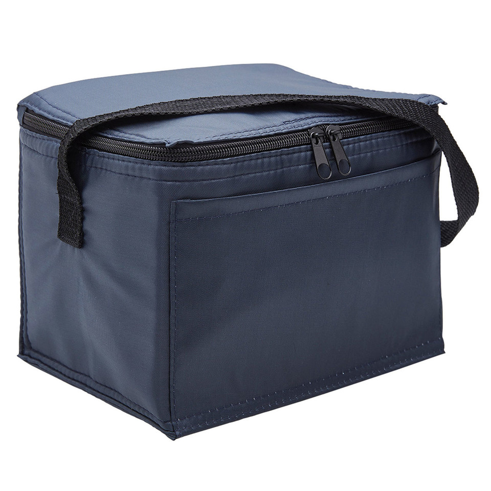 Navy blue insulated cooler bag with black zip closure and carry handle