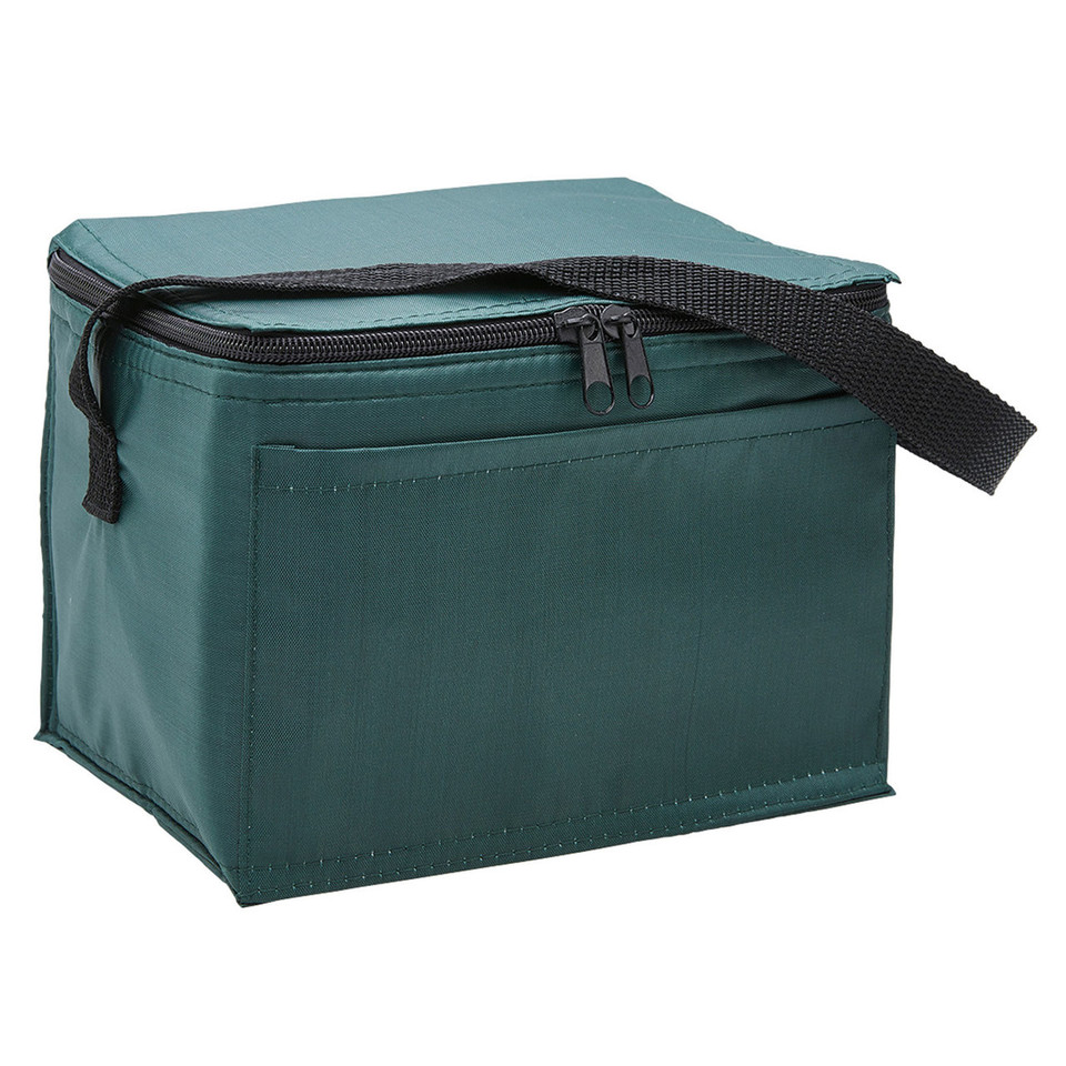 Teal insulated cooler bag with black zip closure and adjustable shoulder strap