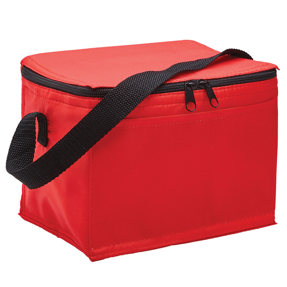 Red insulated cooler bag with black adjustable shoulder strap and black zipper closure