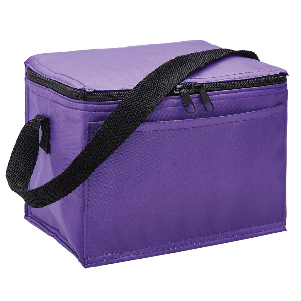 Purple insulated cooler bag with black zip closure and adjustable shoulder strap with front pocket