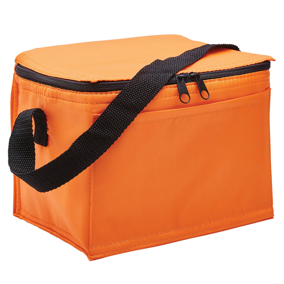 Orange 6-can cooler bag with black zip, contrast carry strap and front zip pocket