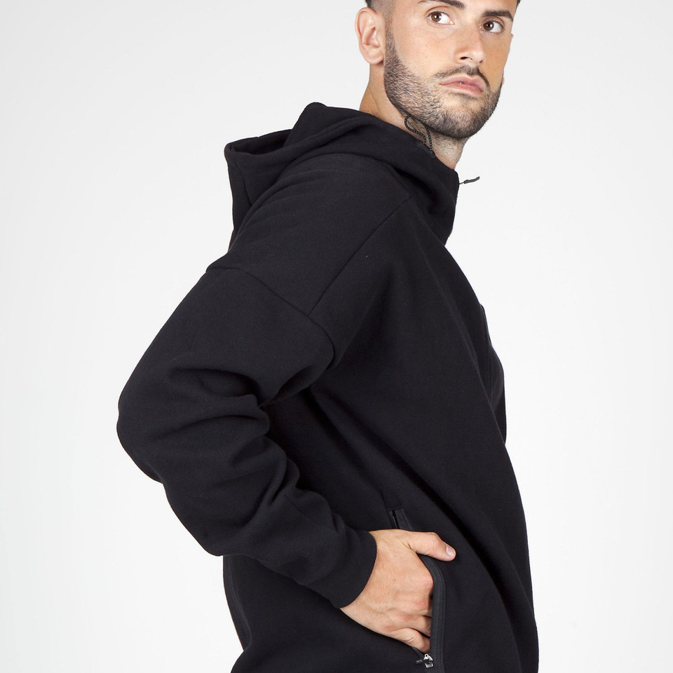 Black high funnel neck hoodie jacket with full front zipper and ribbed cuffs