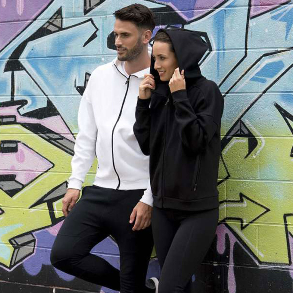 Black high funnel neck zip hoodie jacket with matching drawcords and white zip hoodie jacket with black contrast trim