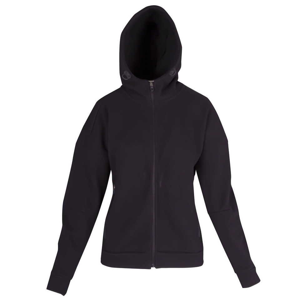 Black ladies hoodie jacket with high funnel neck and full-length zip closure