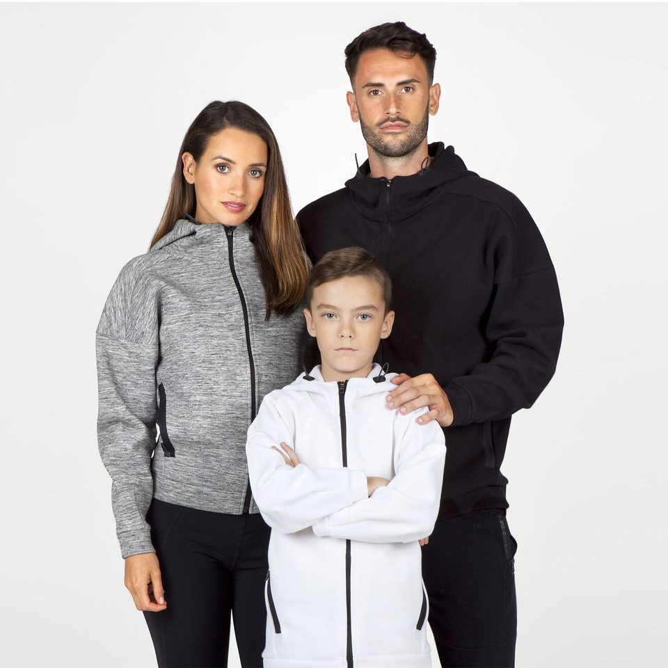 Grey marle, white and black hooded zip jackets with funnel necks and contrast black zippers