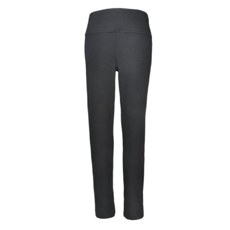 Charcoal ladies yoga tights rear view, wide waistband, straight slim leg, smooth stretch fabric