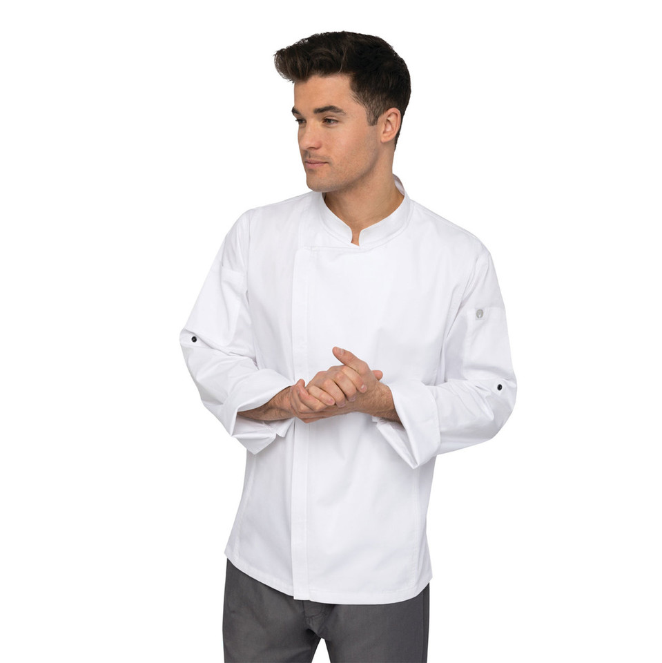 White chef jacket with mandarin collar, front zipper closure, and rolled sleeves with snap buttons
