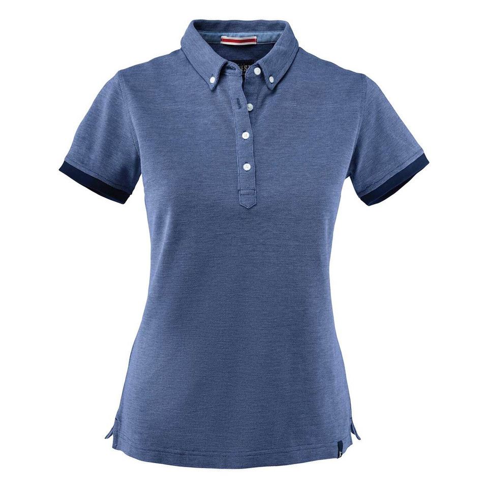 Ladies mid-blue melange polo with button-down collar, contrast navy sleeve cuffs and white button placket