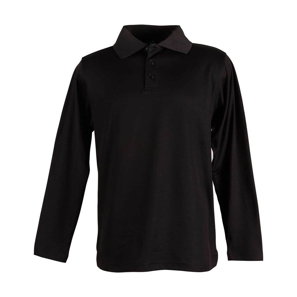 Black Victory quick-dry long sleeve polo shirt. Plain Truedry breathable mesh polo, ideal for workwear or sports team uniforms