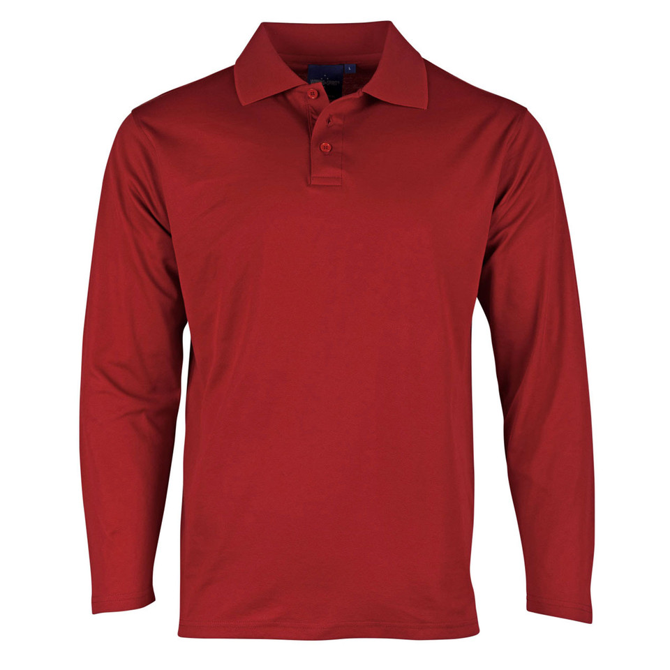 Deep red long sleeve polo shirt with three-button placket and classic spread collar, flat lay packshot