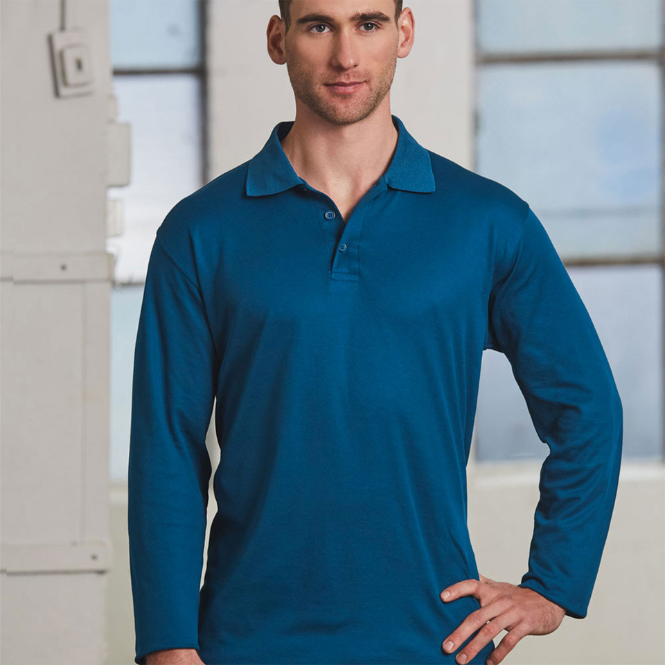 Deep teal long sleeve polo shirt with collar and button placket, moisture-wicking fabric