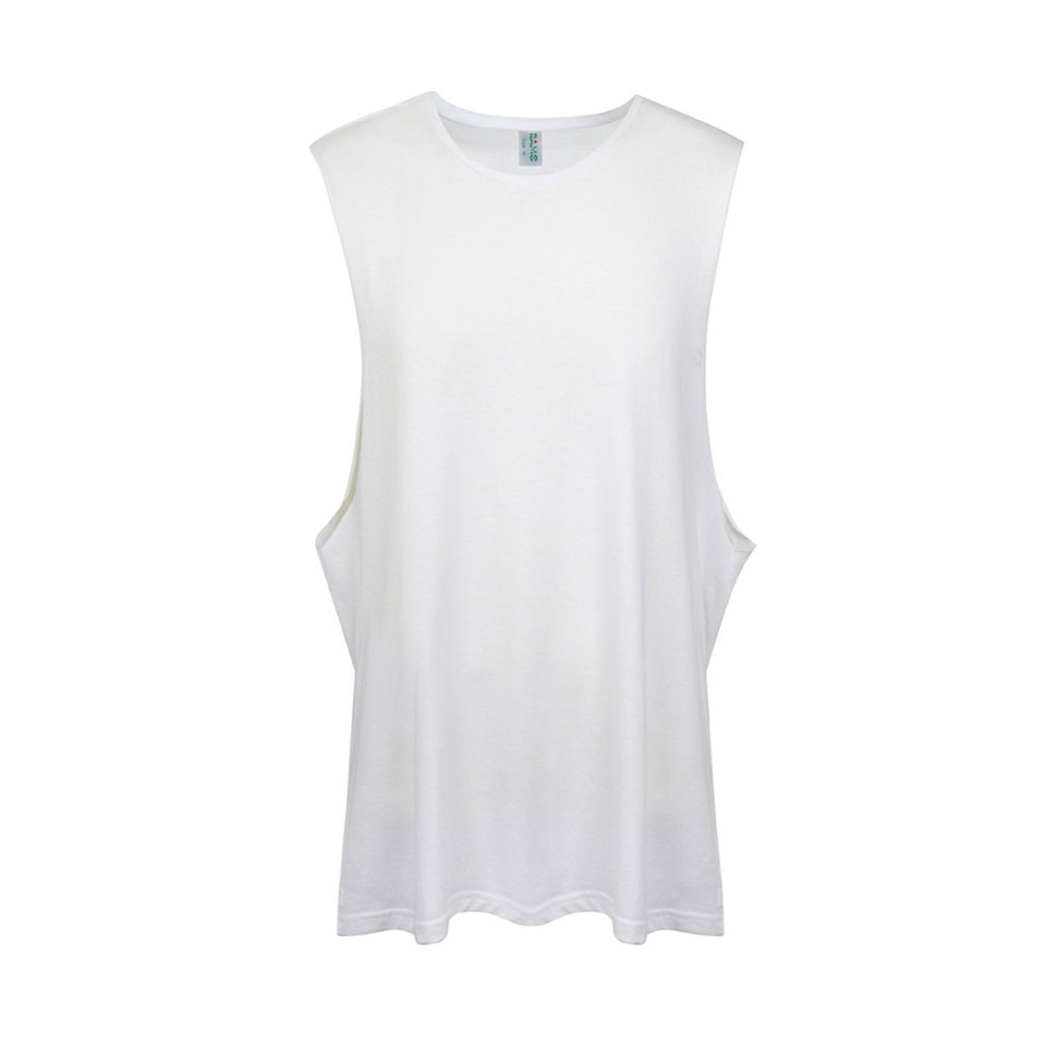 White muscle tank with deep cut sides and relaxed fit perfect for decoration