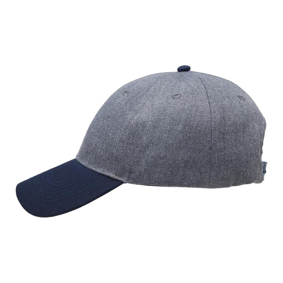 Heathered grey baseball cap with navy blue contrast peak and adjustable closure