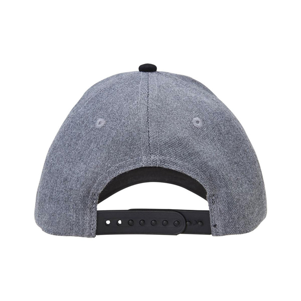 Heathered grey baseball cap with black contrast snapback closure and eyelets, rear view