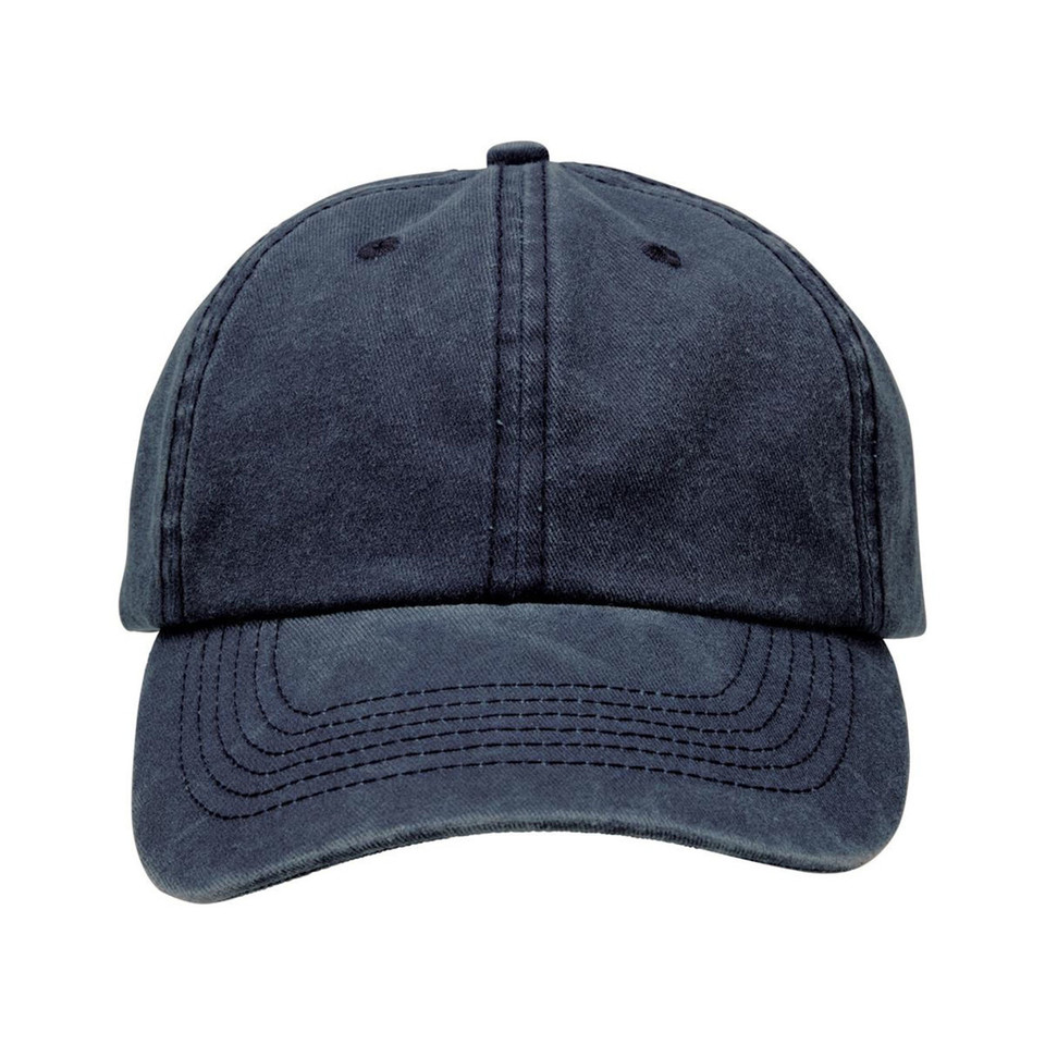 Plain Navy Blue Orson distressed washed chino cap (baseball hat) with an adjustable closure, ready for wholesale bulk purchase and custom embroidery.