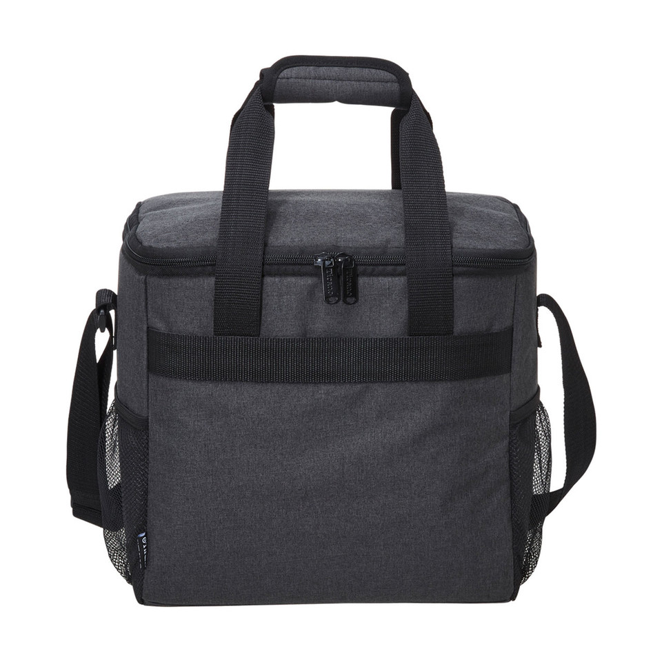 Charcoal grey canvas-texture cooler bag with black zip top, carry handles, crossbody strap and side mesh pocket