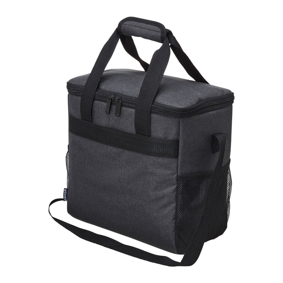 Charcoal grey insulated cooler bag with black handles, shoulder strap, and mesh side pockets