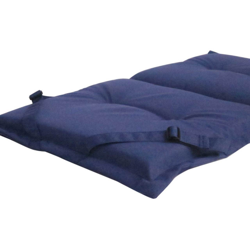 Navy blue outdoor chair cushion with tufted flanged design and tie fasteners