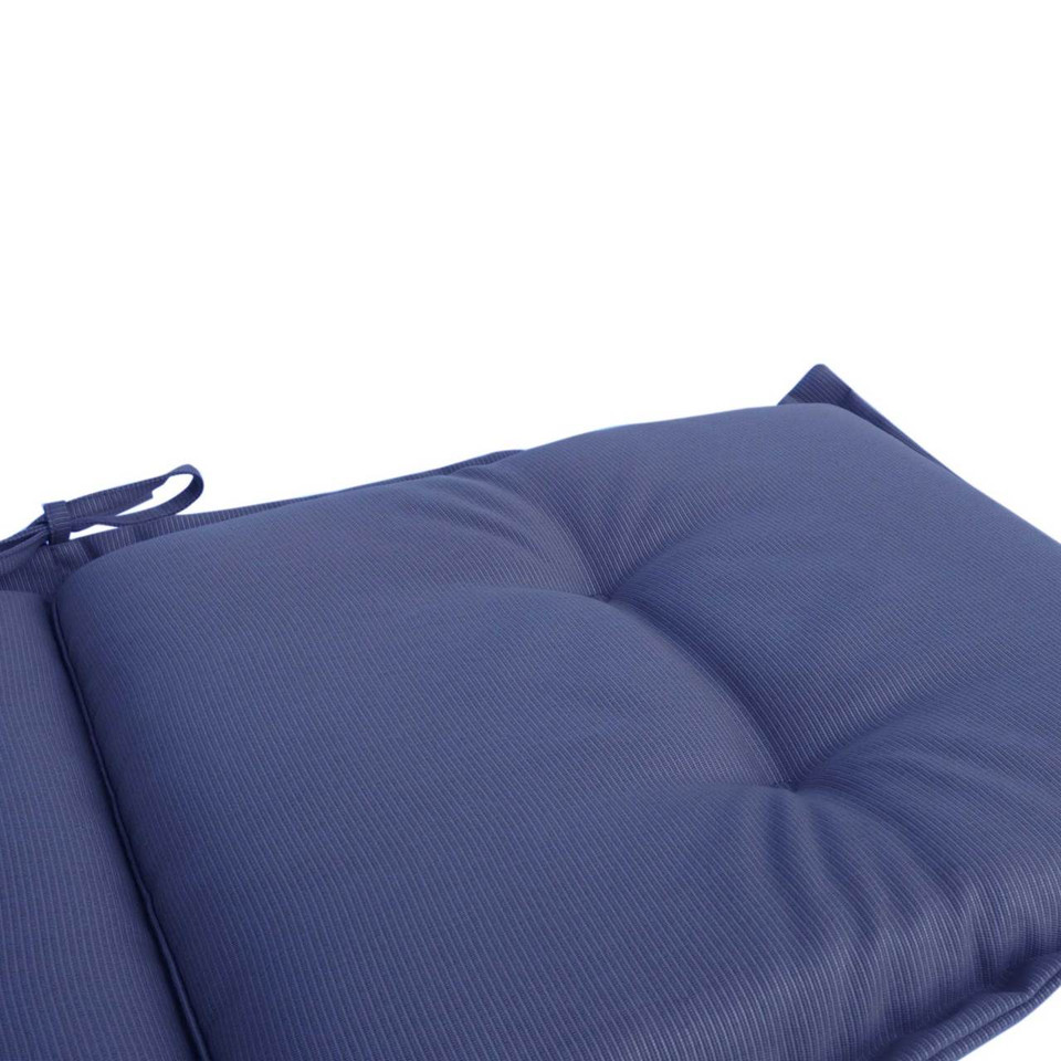 Navy blue square outdoor cushion with flanged edges and corner tie straps
