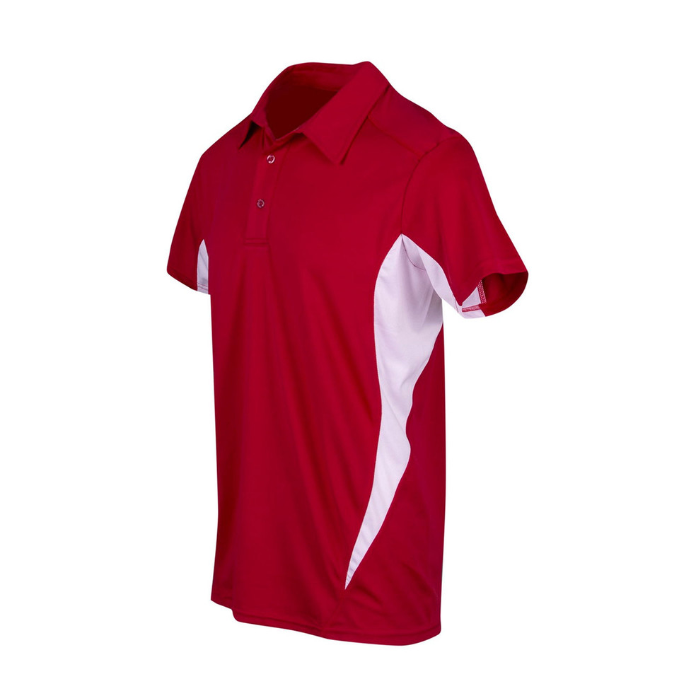 Crimson red polo shirt with white contrast side panels and matching sleeve trim