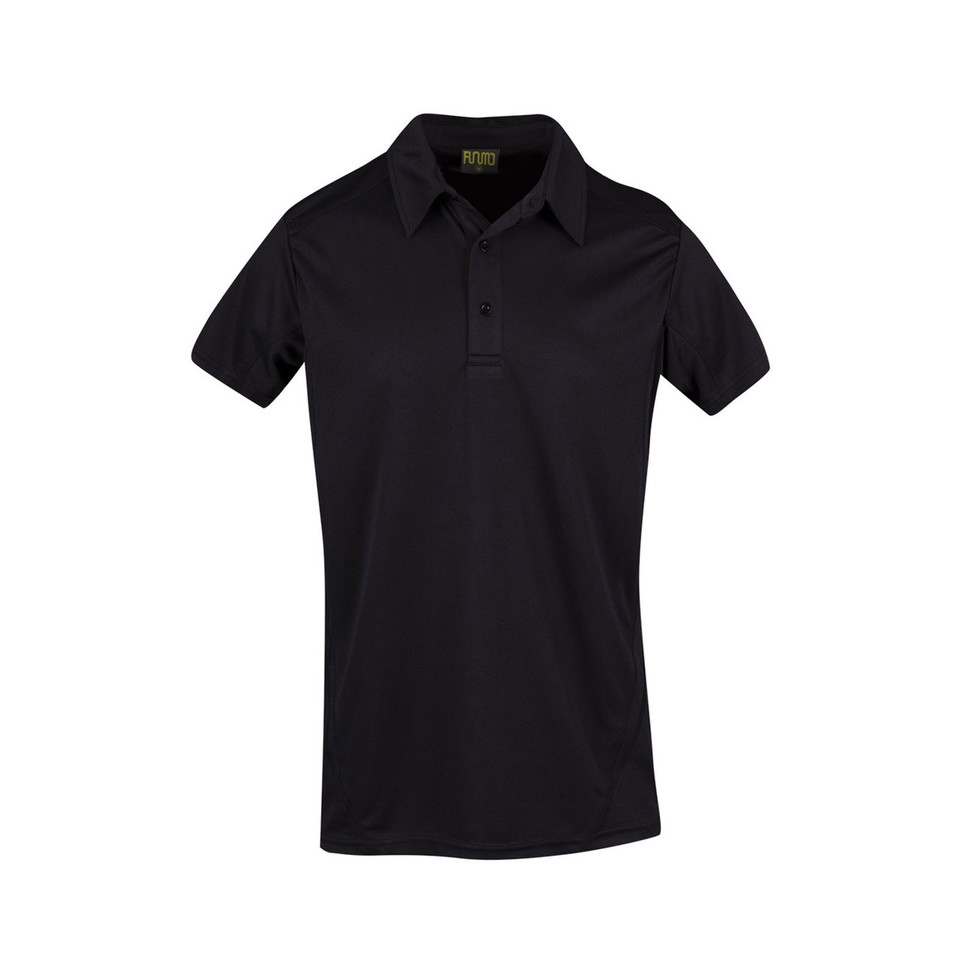 Black short sleeve polo shirt with collar and three-button placket