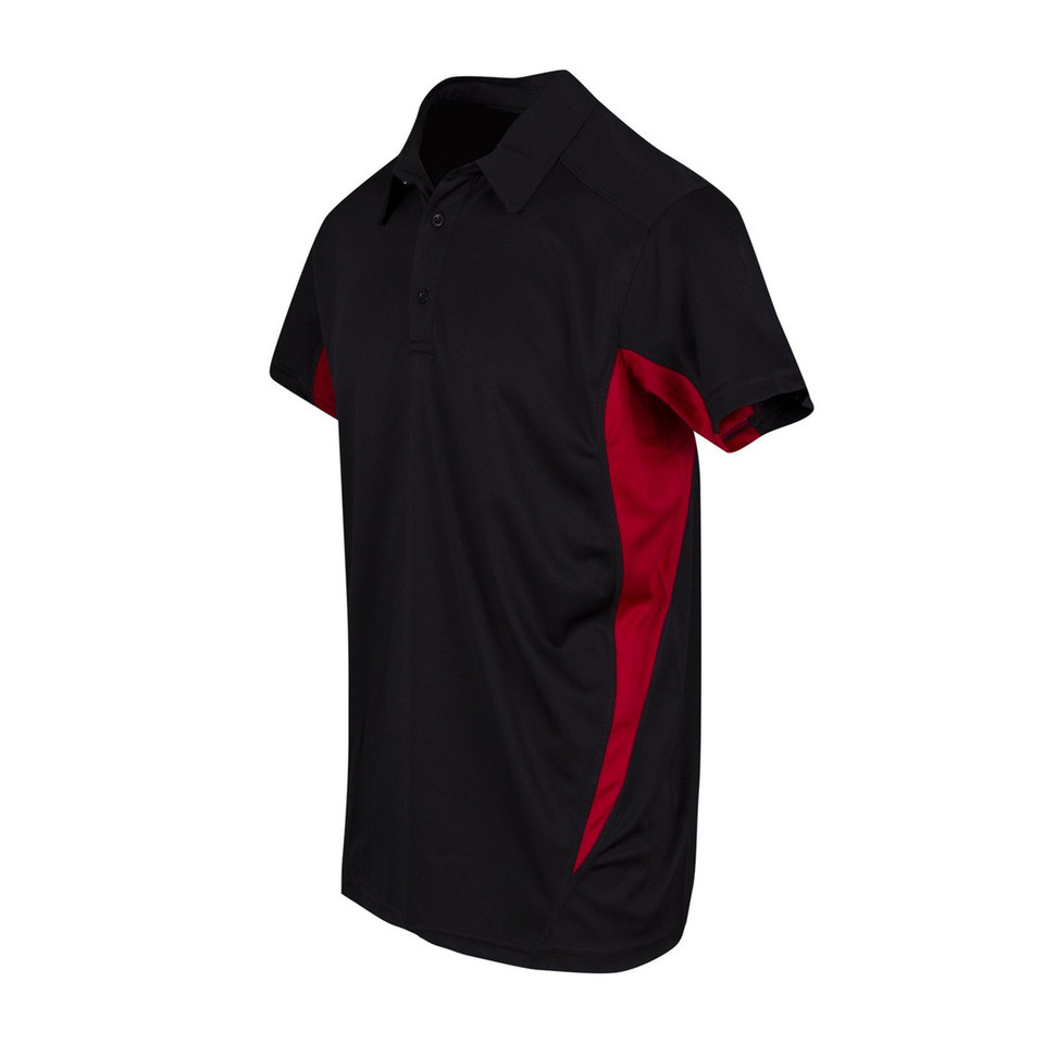 Black polo shirt with crimson red contrast side panels and sleeve trim