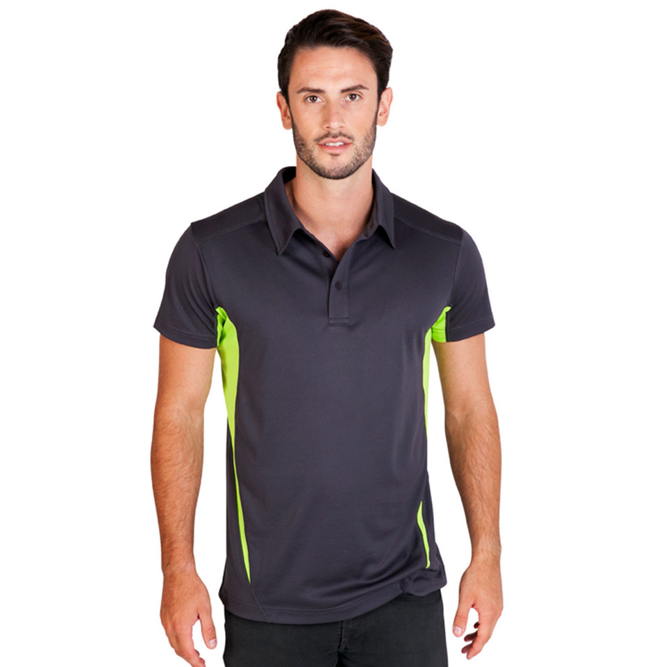 Man wearing charcoal and lime green contrast panel cool dry polo shirt with two-button placket
