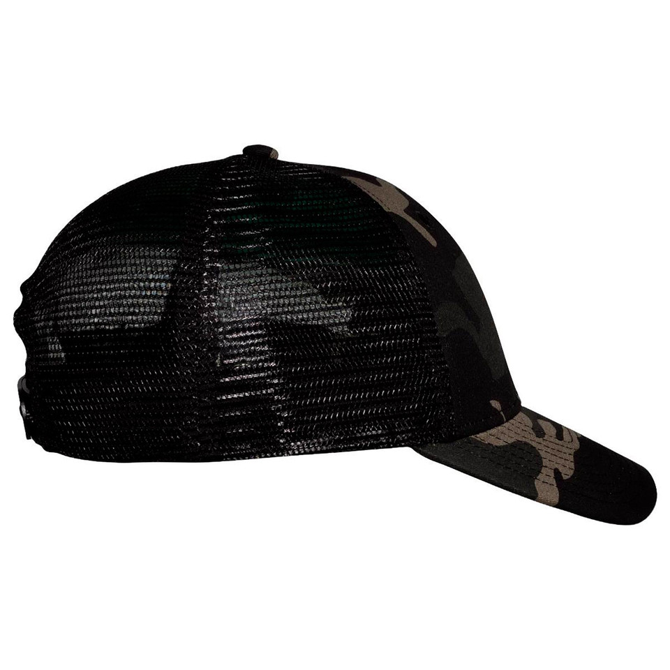 Black mesh trucker cap with camouflage front panel and curved peak in side profile view