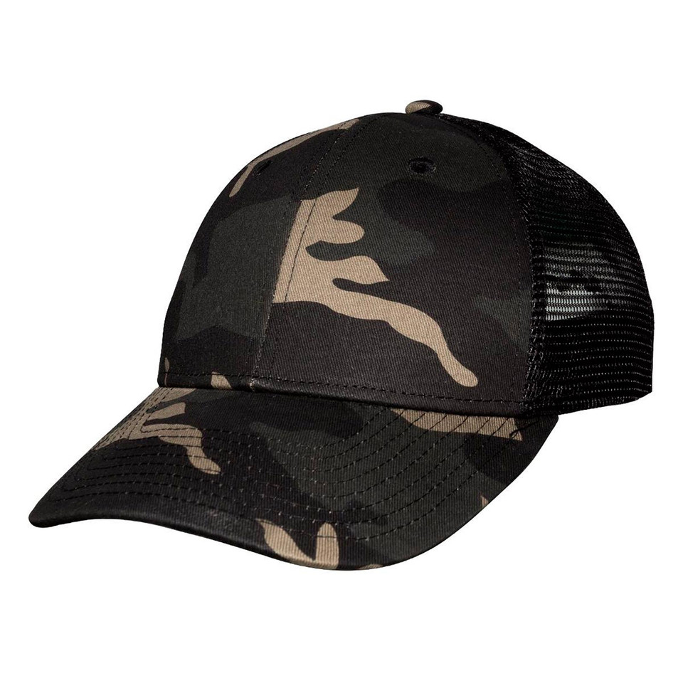 Black multicam camouflage trucker cap with mesh back panels and structured six-panel crown