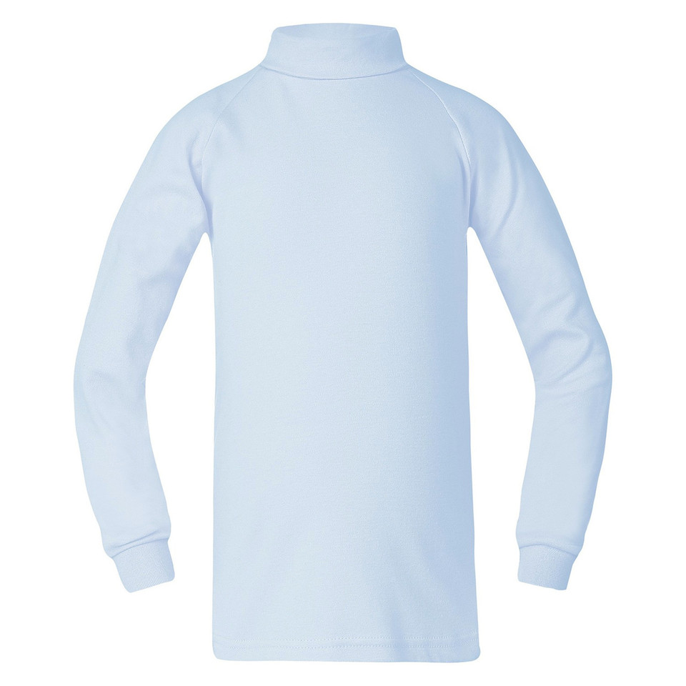 Sky blue kids skivvy with roll neck and long sleeves, back view showing smooth construction