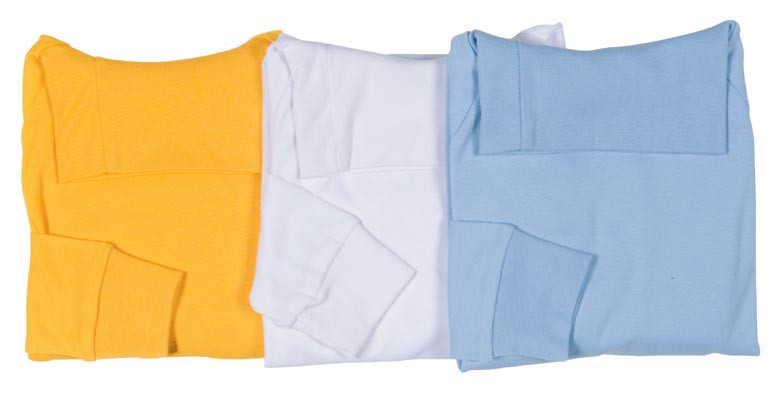 Kids roll neck skivvies in gold, white and sky blue with long sleeves, flat lay view showing three folded garments