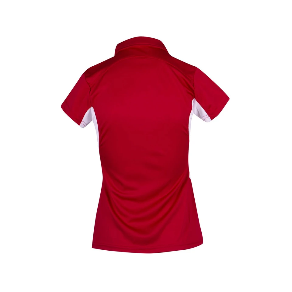 Deep red ladies polo shirt with white contrast panels at sides, rear view showing collar and raglan sleeves