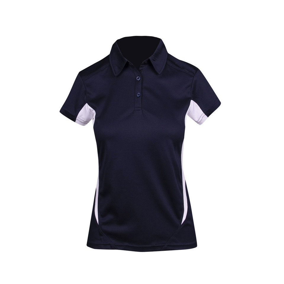 Navy polo shirt with white side panels and sleeve inserts featuring contrast detail and button placket