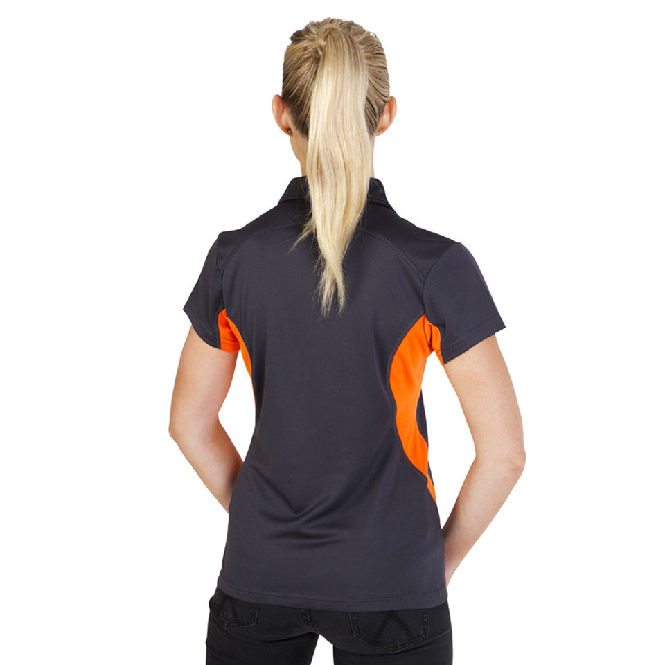 Back view of charcoal grey polo shirt with vibrant orange contrast side panels and short sleeves