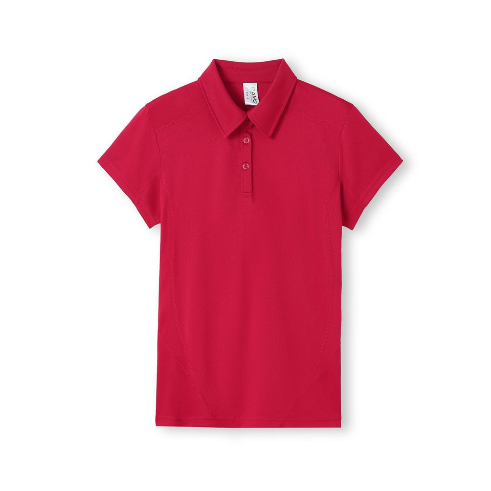 Crimson red ladies short sleeve polo shirt with flat collar and two-button placket, pique texture flat lay