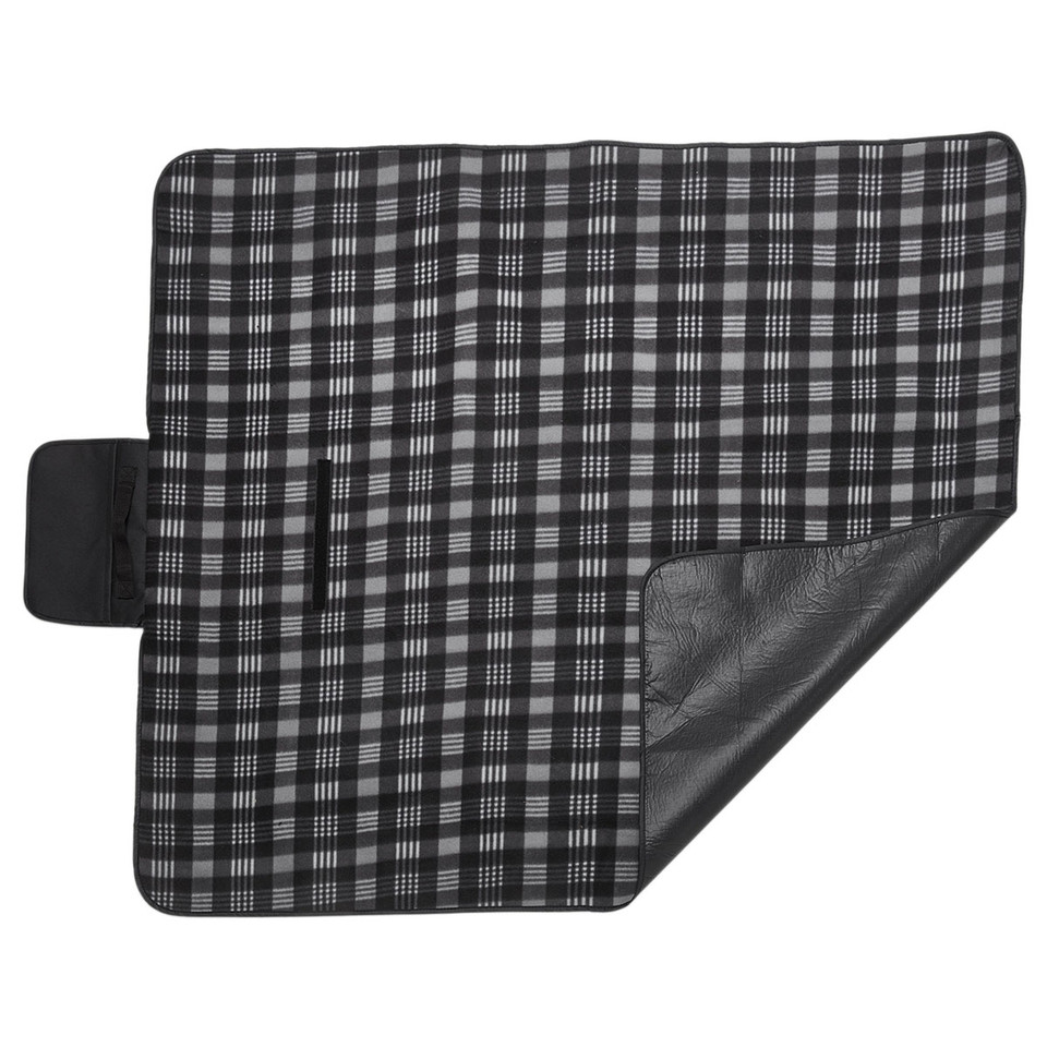 Charcoal and white plaid polar fleece picnic blanket with grey reverse side and carry handle