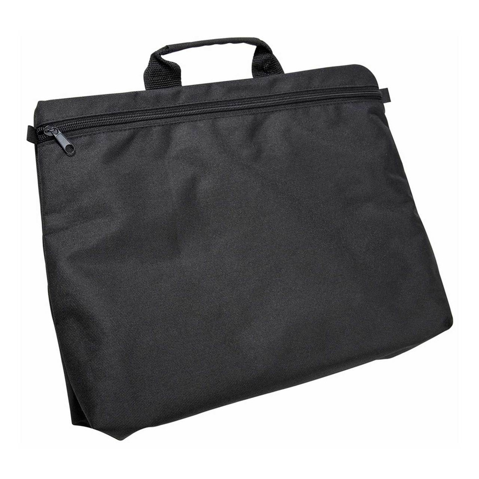Black polyester satchel with top zip closure and short carry handle, flat front panel, packshot view