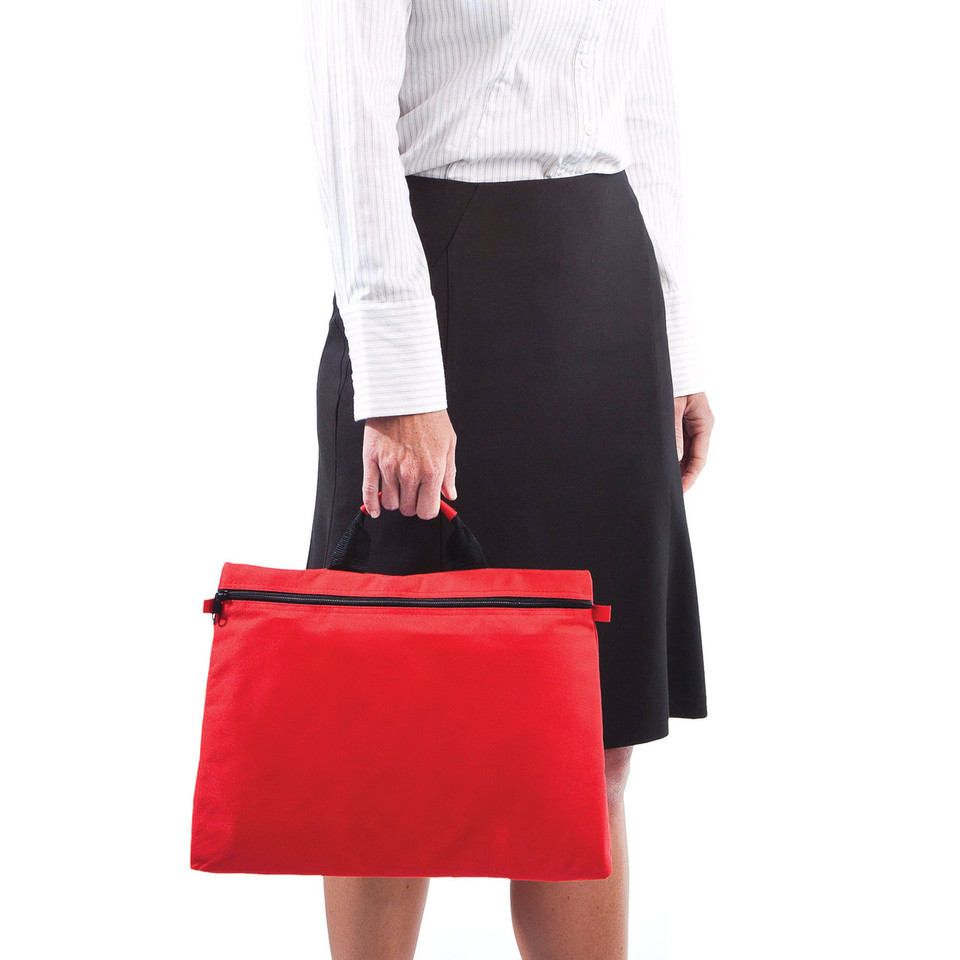Red polyester satchel with black contrast trim and zip closure, carried by handles