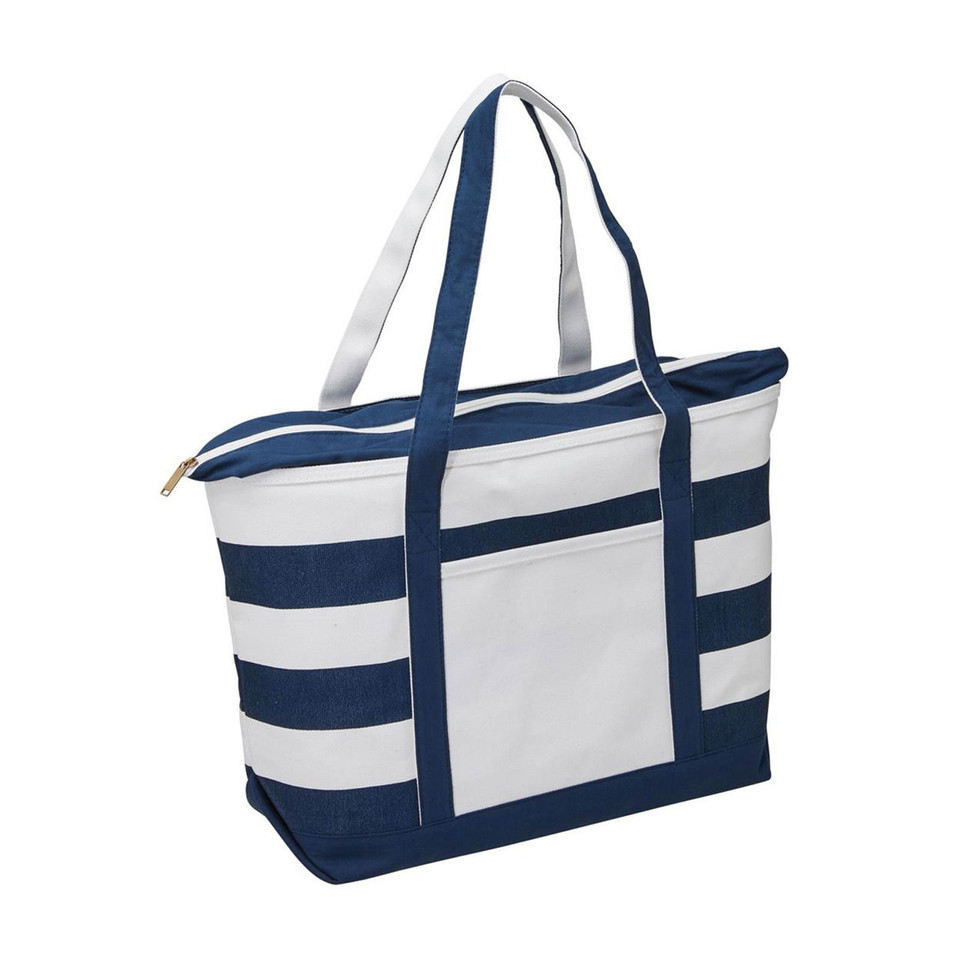 Navy blue and white striped canvas tote bag with contrast handles and front pocket panel