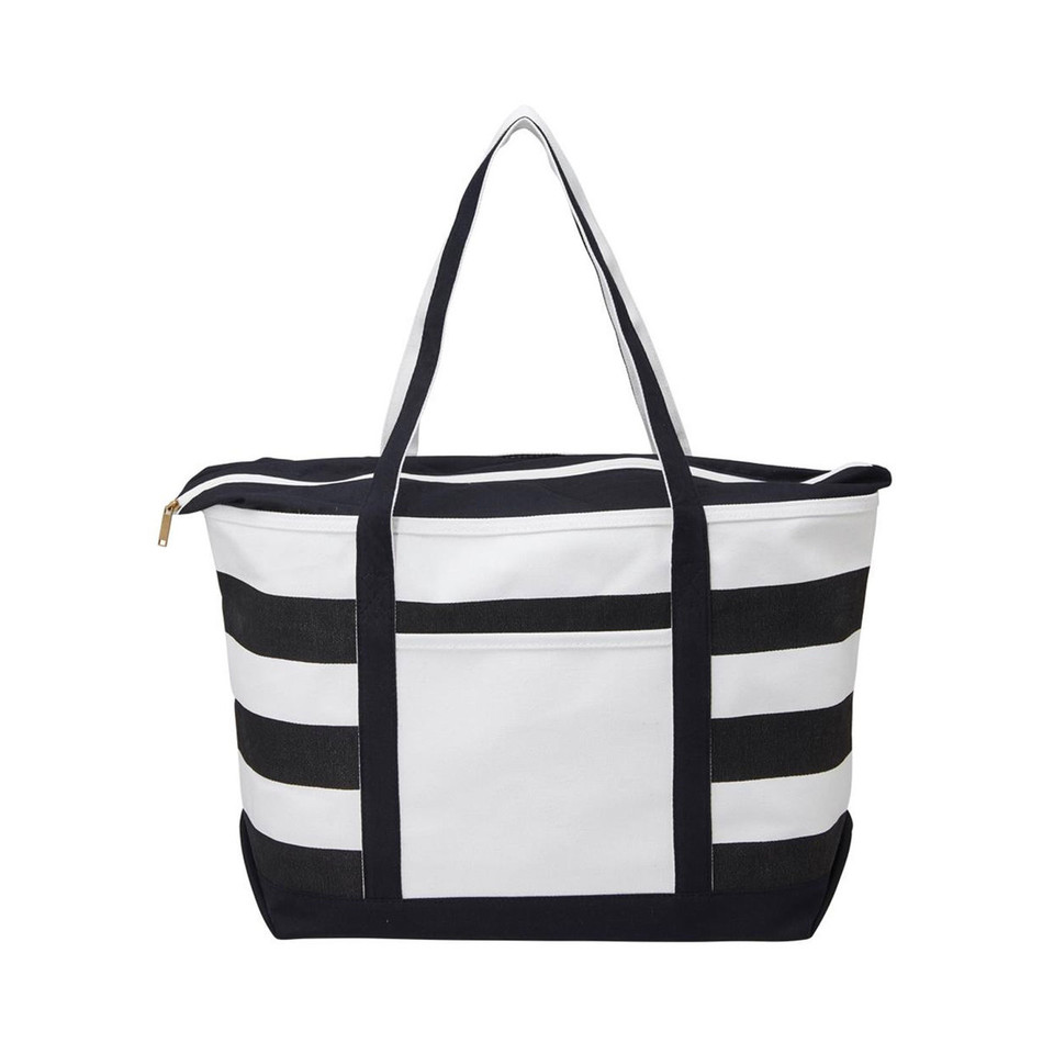 Canvas tote bag with black and white horizontal stripes, solid white front panel, and black handles