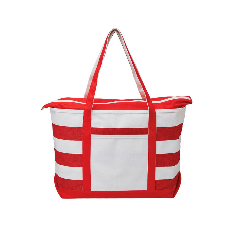 Red and white striped canvas tote bag with matching handles and front decoration panel