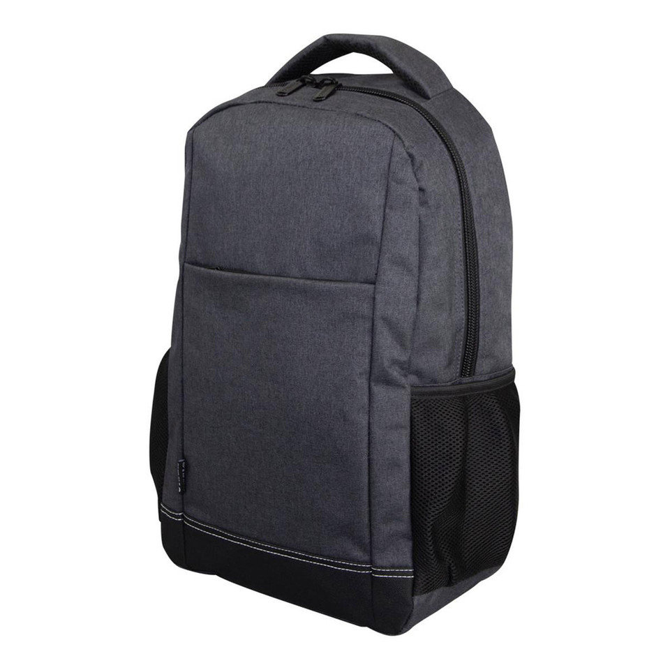 Charcoal grey canvas-texture laptop backpack with zip front pocket, mesh side panel, and black base trim