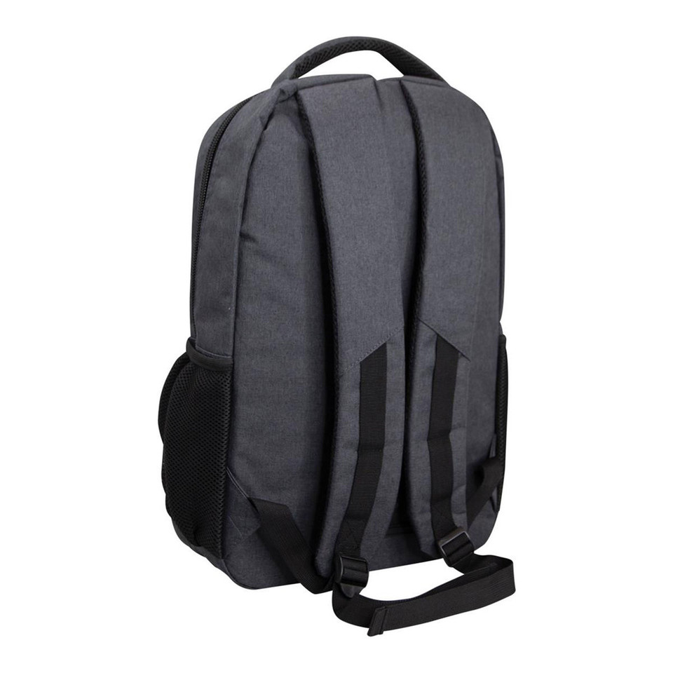 Charcoal grey canvas-like backpack with black padded straps and mesh side pocket, rear view