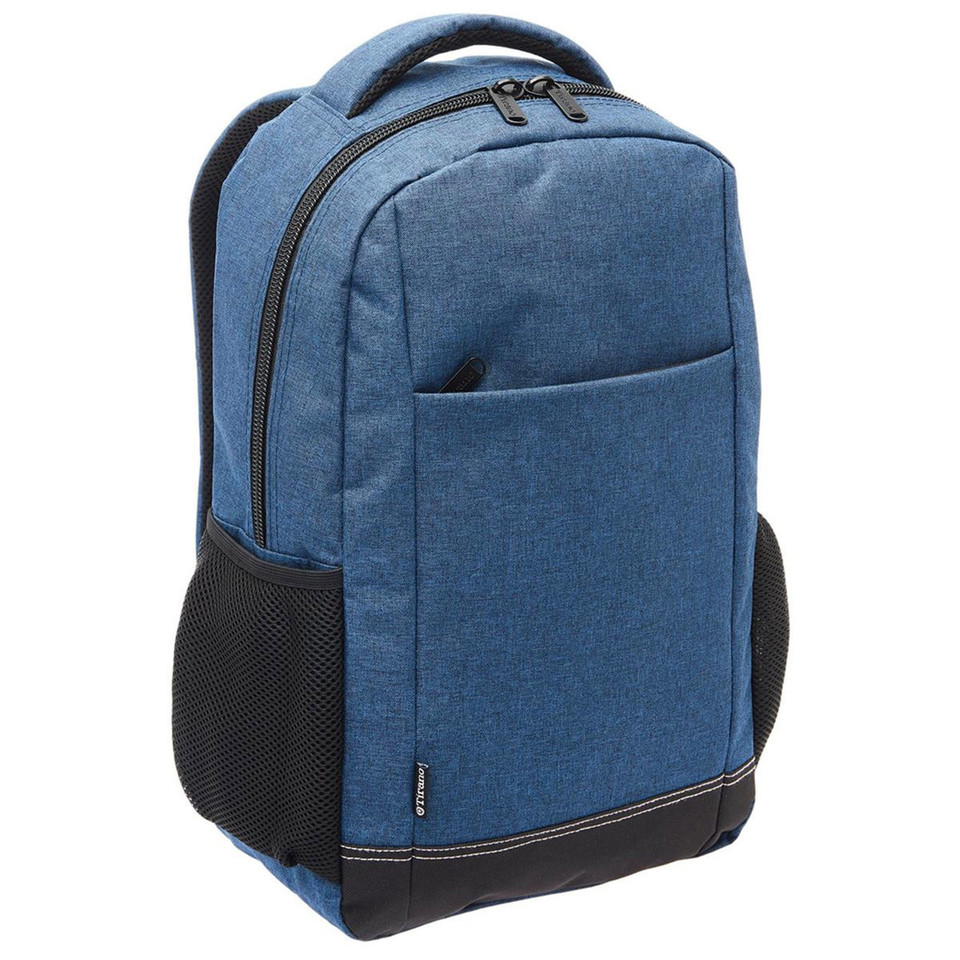 Blue heather canvas-style backpack with black base and contrast stitching, padded straps and mesh side pockets