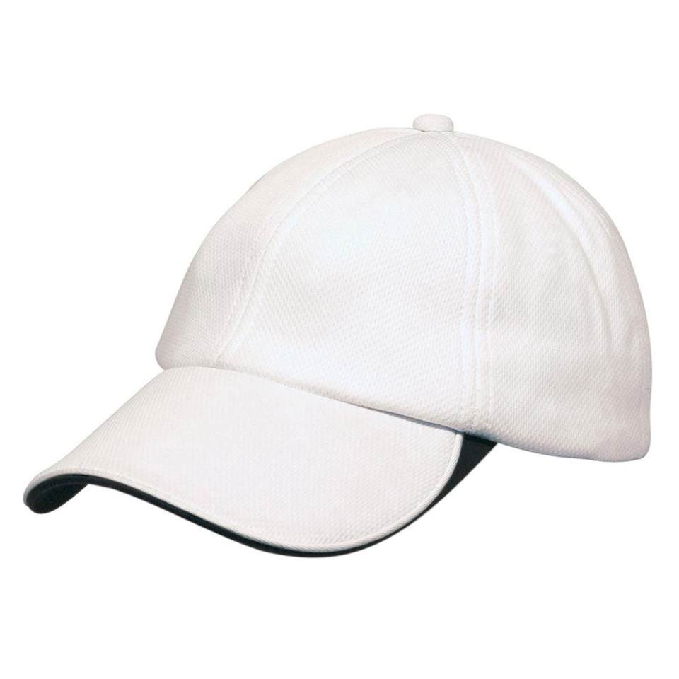White six-panel baseball cap with dark green sandwich brim trim and structured crown