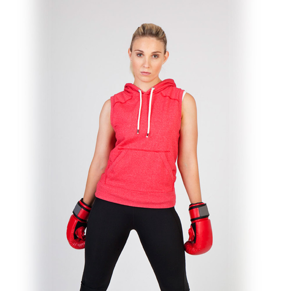 Woman in red marle sleeveless hoodie tank with white drawstring, worn in boxing training context