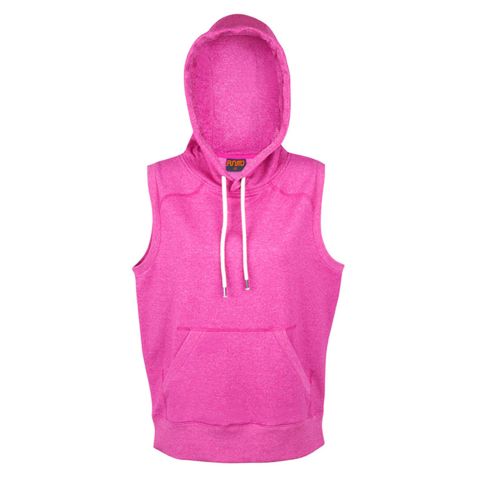 Hot pink sleeveless hoodie with white drawstrings and kangaroo pocket on flat white background