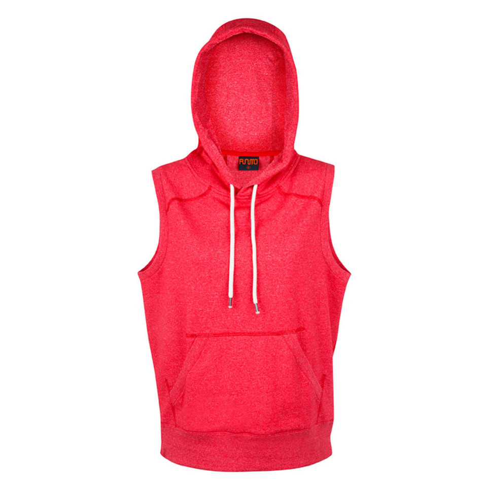 Red heathered sleeveless hoodie with white contrast drawcords and front kangaroo pocket